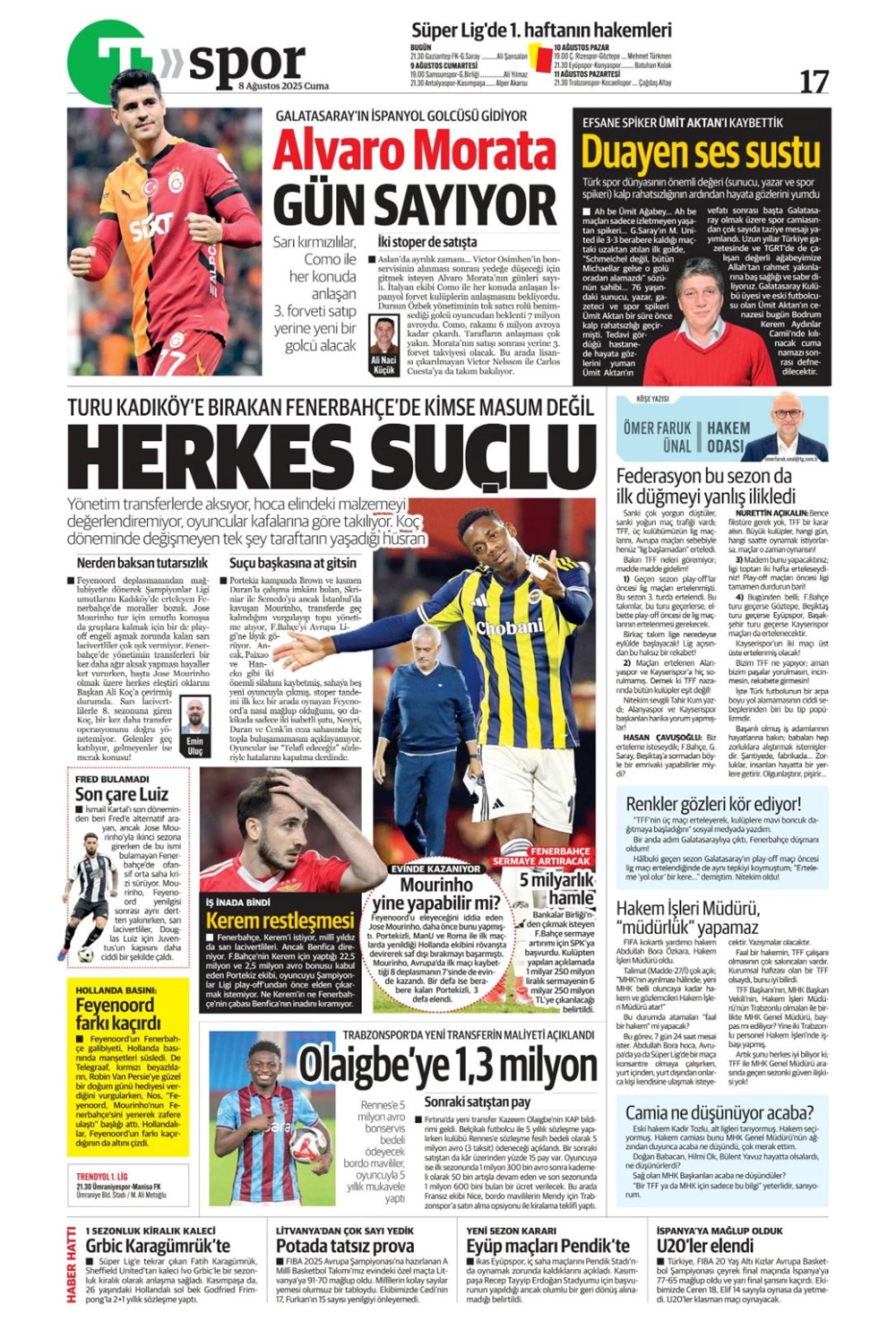"Gidenin yeri dolmadı" (8 Ağustos spor manşetleri) - 19