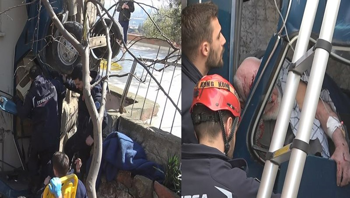 Bursa'da ilginç kaza: Otomobil dik şekilde asılı kaldı Bursa'da ilginç kaza: Otomobil dik şekilde asılı kaldı