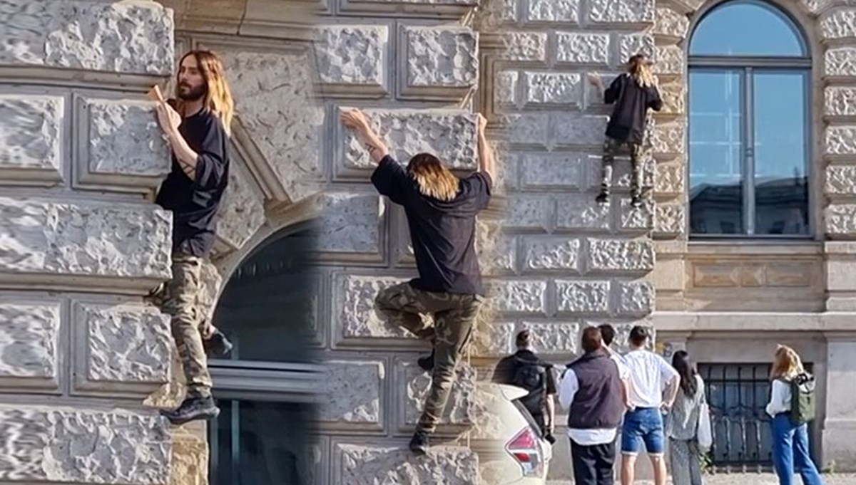 Jared Leto ekipmansız düz duvara tırmandı Jared Leto ekipmansız düz duvara tırmandı
