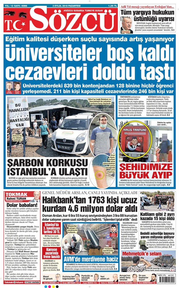 gunun gazete mansetleri 3 eylul 2018