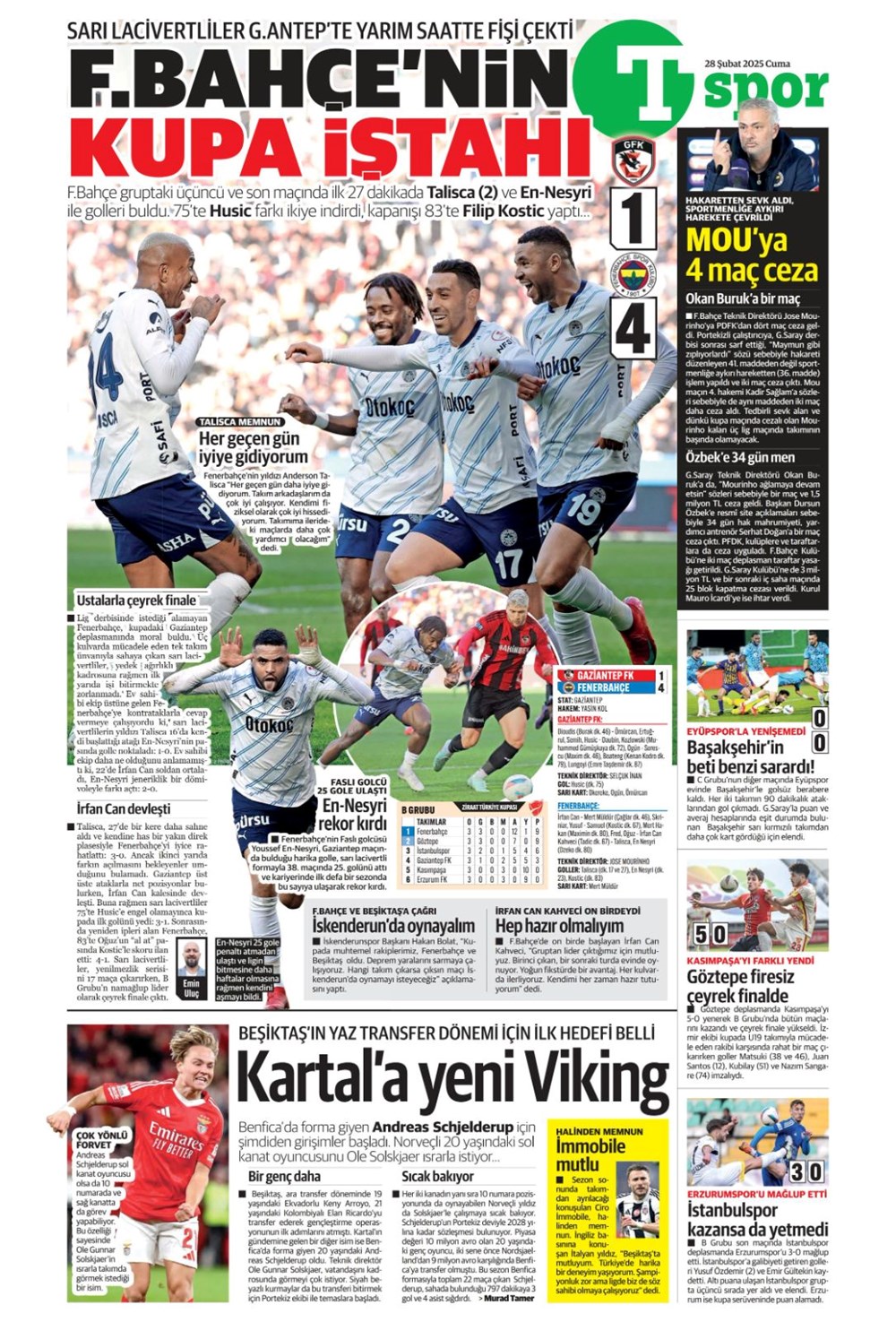 "Çeyrek finalde derbi var" (28 Şubat 2025 spor manşetleri) - 27