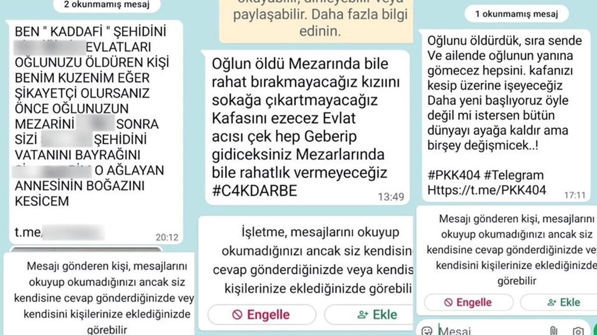Baba Şahin Çakır, telefonuna gelen mesajlarda kendisini ve diğer çocuklarını da öldürecekleri ifadelerinin yer aldığını söylemişti. Baba Şahin Çakır, telefonuna gelen mesajlarda kendisini ve diğer çocuklarını da öldürecekleri ifadelerinin yer aldığını söylemişti.