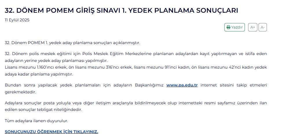 Pomem yedek planlama sonuç duyurusu