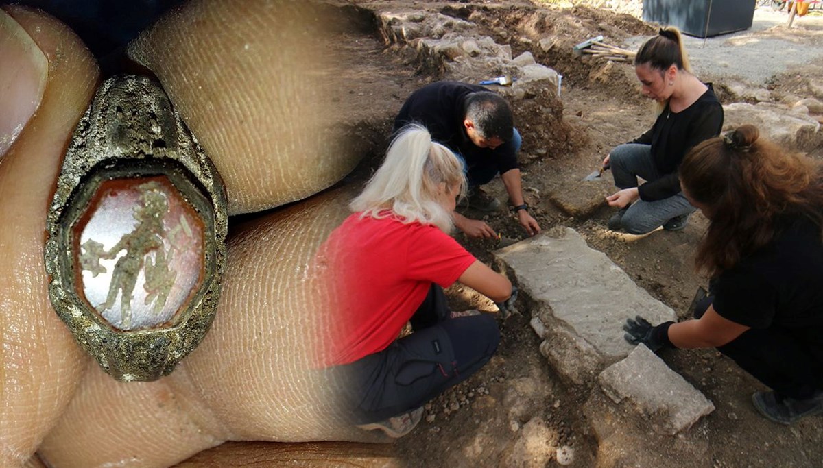 Lahit mezar bulunan bölgede 'Hermes' figürlü yüzüğe ulaşıldı