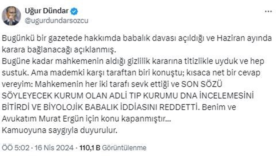 Metin Akpınar'ın kızı Duygu Nebioğlu gündeme getirmişti: Uğur Dündar'dan babalık testi açıklaması geldi - 2