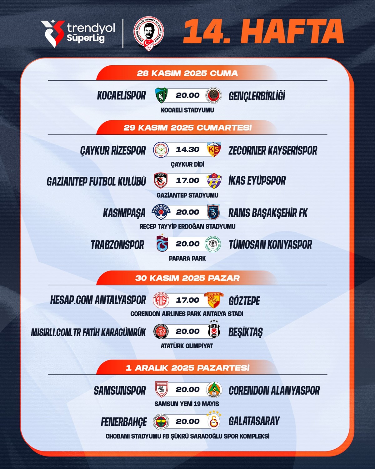 Süper Lig 14. hafta programı