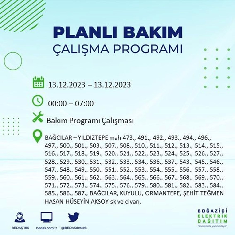 İstanbul'un 20 ilçesinde elektrik kesintisi: Elektrikler ne zaman gelecek? (13 Aralık BEDAŞ kesinti programı) - 7