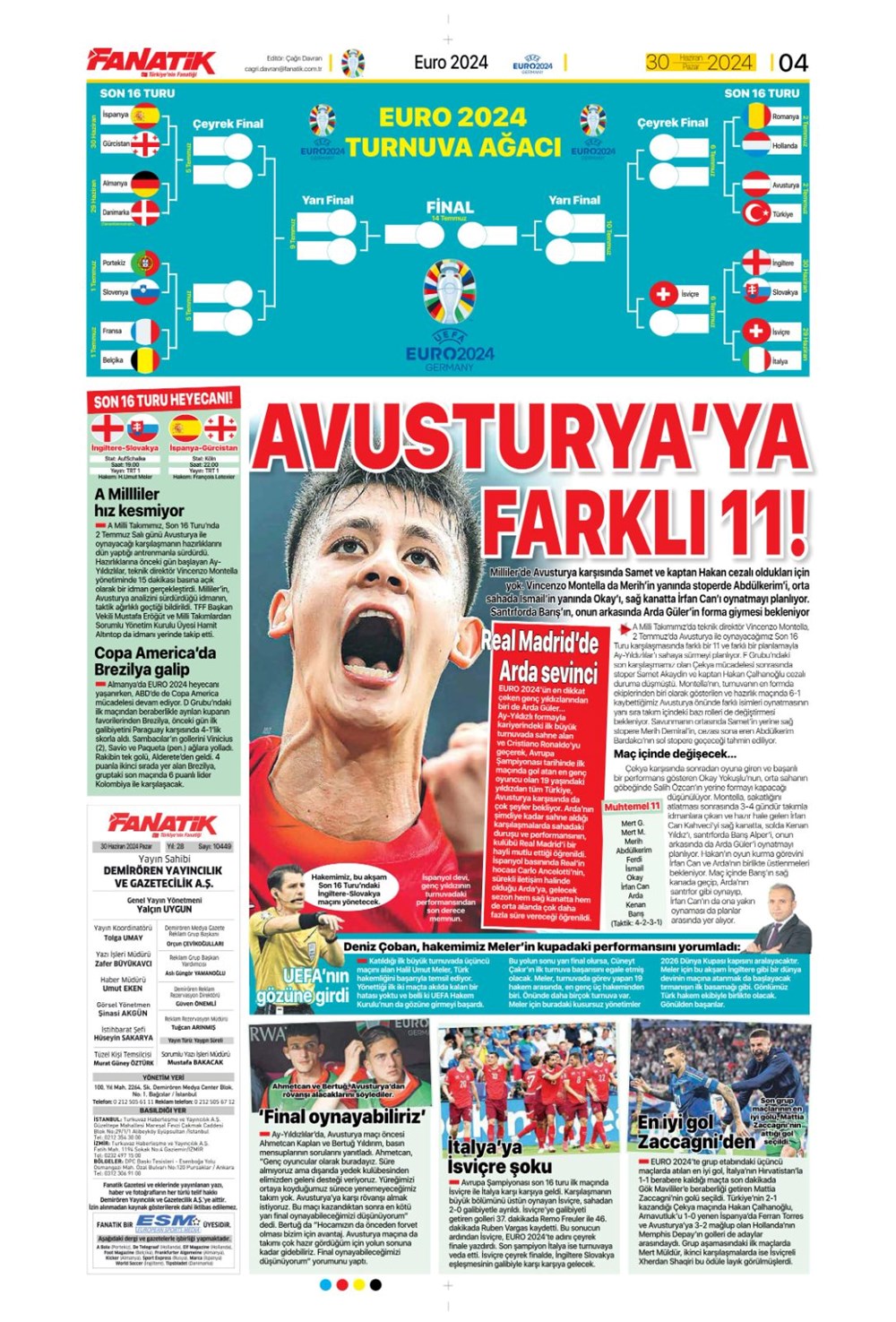 "Avusturya'ya farklı 11" (30 Haziran 2024 spor manşetleri) - 1
