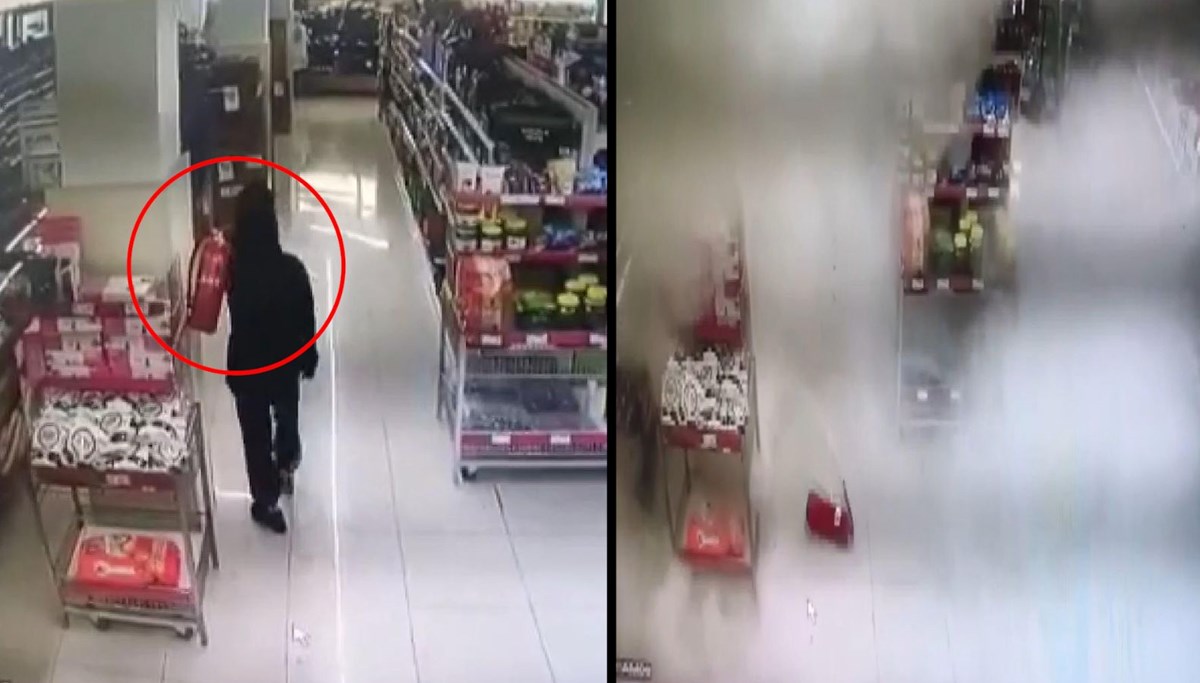 Müşteri yangın tüpüne çarptı: Markette ortalık karıştı