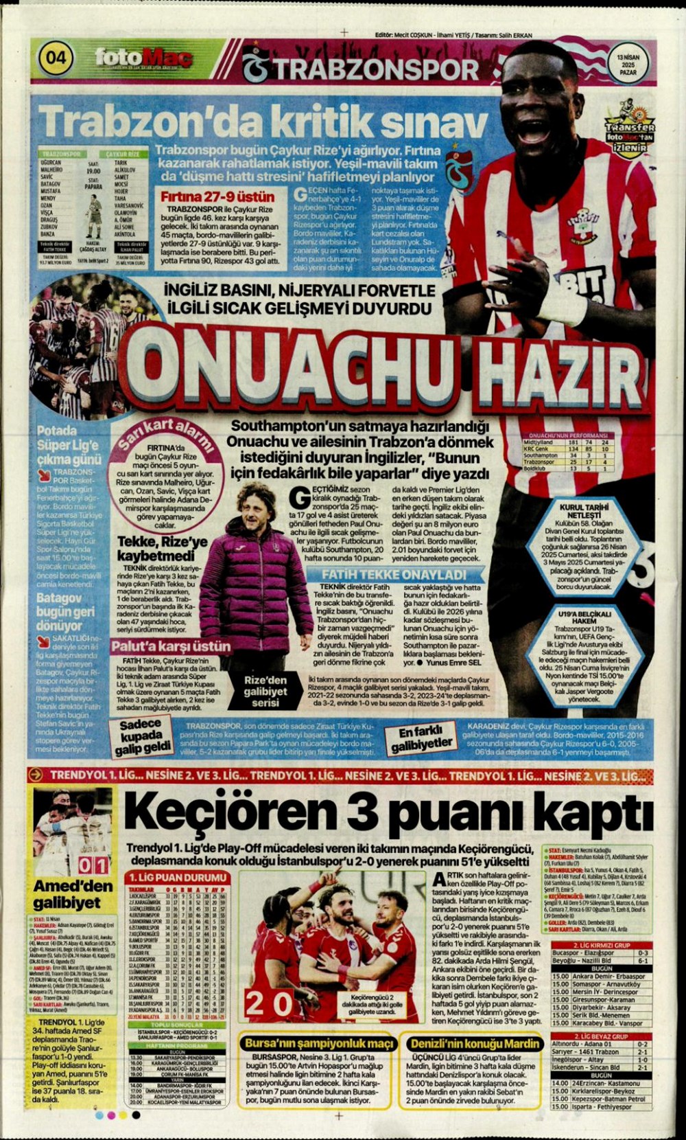 "Kartal ağır yaralı" (13 Nisan 2025 spor manşetleri) - 14