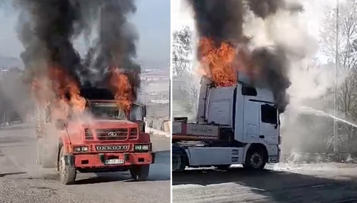 Aynı noktada iki kamyon yandı