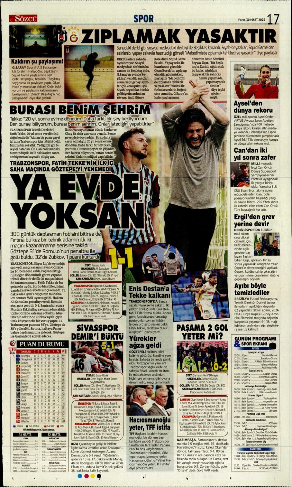 "Zirveye Kartal pençesi" (30 Mart 2025 spor manşetleri) - 9
