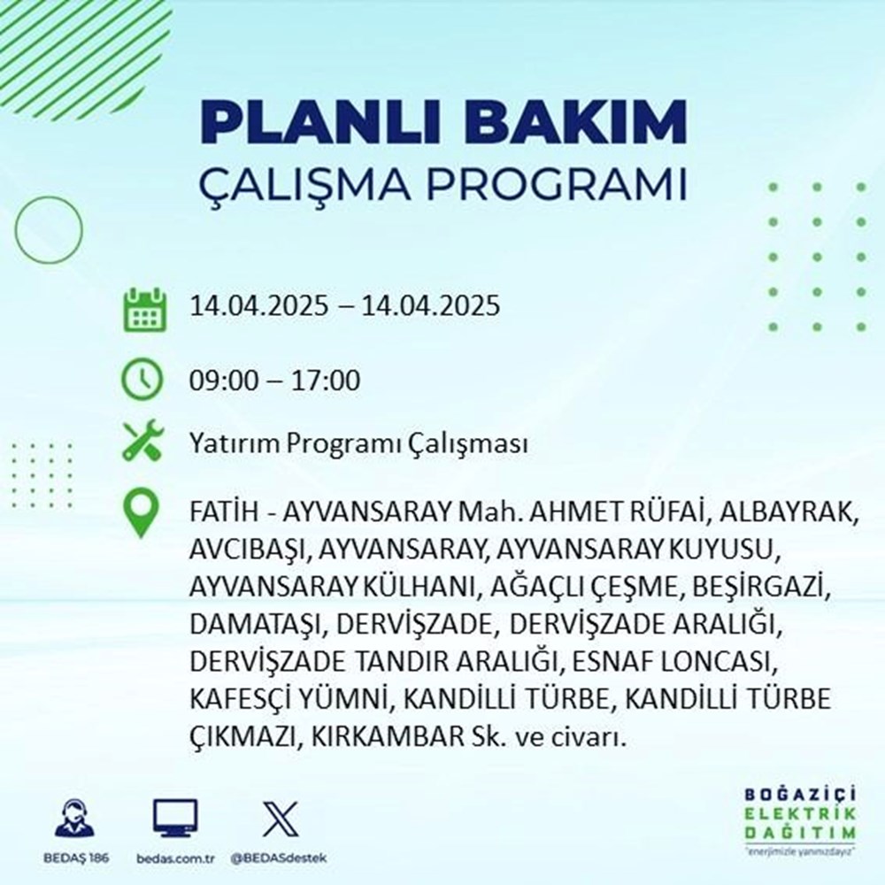 İstanbul'un 23 ilçesinde elektrik kesintisi: Elektrikler ne vakit gelecek? 9 saat sürecek (14 Nisan BEDAŞ kesinti programı) 135