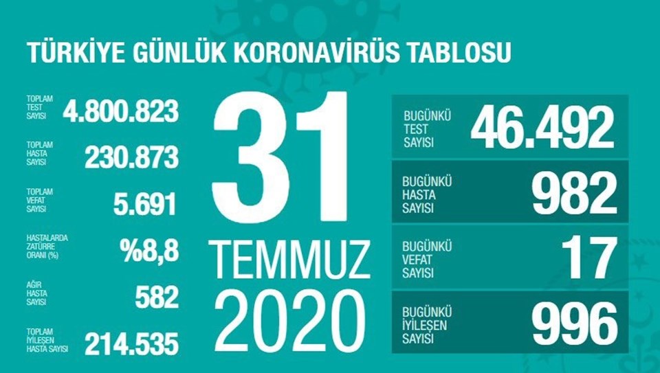 Türkiye'de corona virüsten son 24 saatte 17 can kaybı, 982 yeni vaka - 1