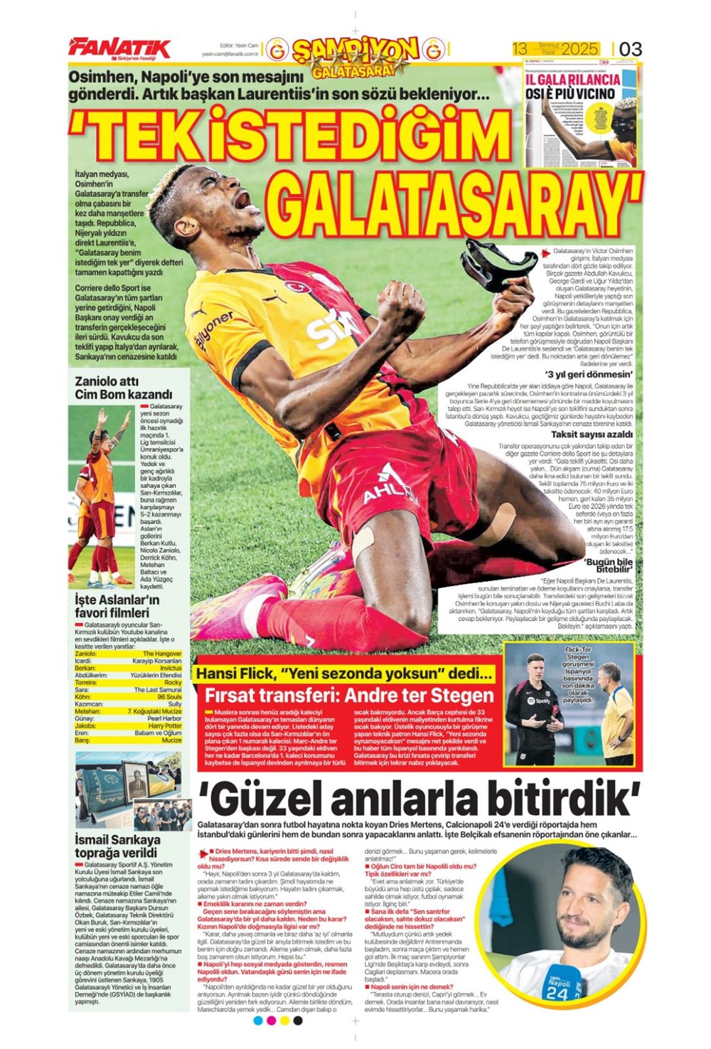 "Transfer şov" (13 Temmuz 2025 spor manşetleri) - 3