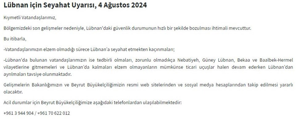 Dışişleri Bakanlığı'ndan Lübnan'a seyahat uyarısı - 1