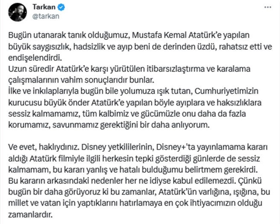 Tarkan: Atatürk’e yapılan saygısızlık beni derinden üzdü - 1