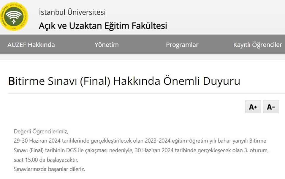 AUZEF bitirme sınavı (final) hakkında önemli duyuru: AUZEF 3. oturum sınav saatinde değişikliğe gidildi - 1