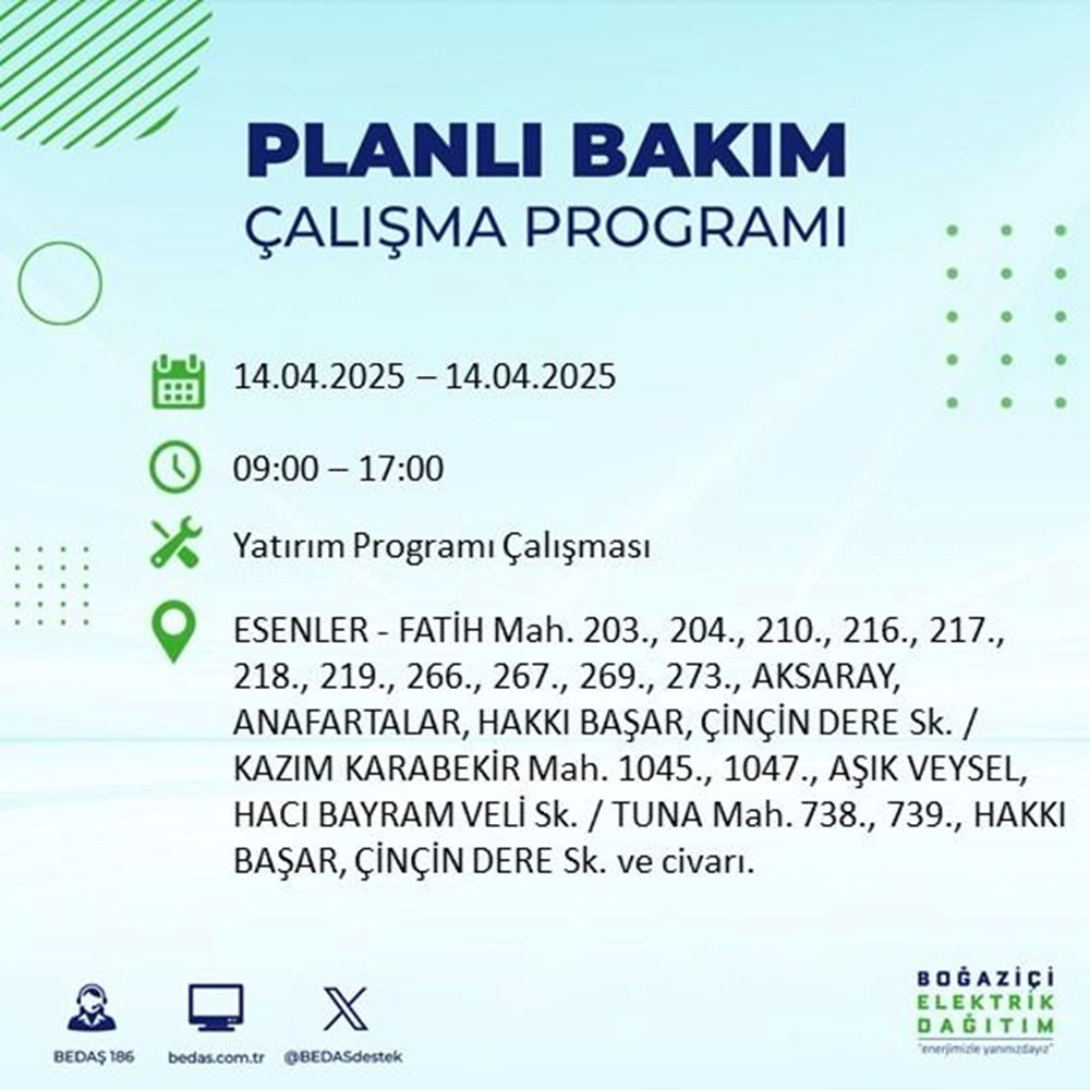 İstanbul'un 23 ilçesinde elektrik kesintisi: Elektrikler ne vakit gelecek? 9 saat sürecek (14 Nisan BEDAŞ kesinti programı) 126 CuVgY496JE BziWM3opG4Q