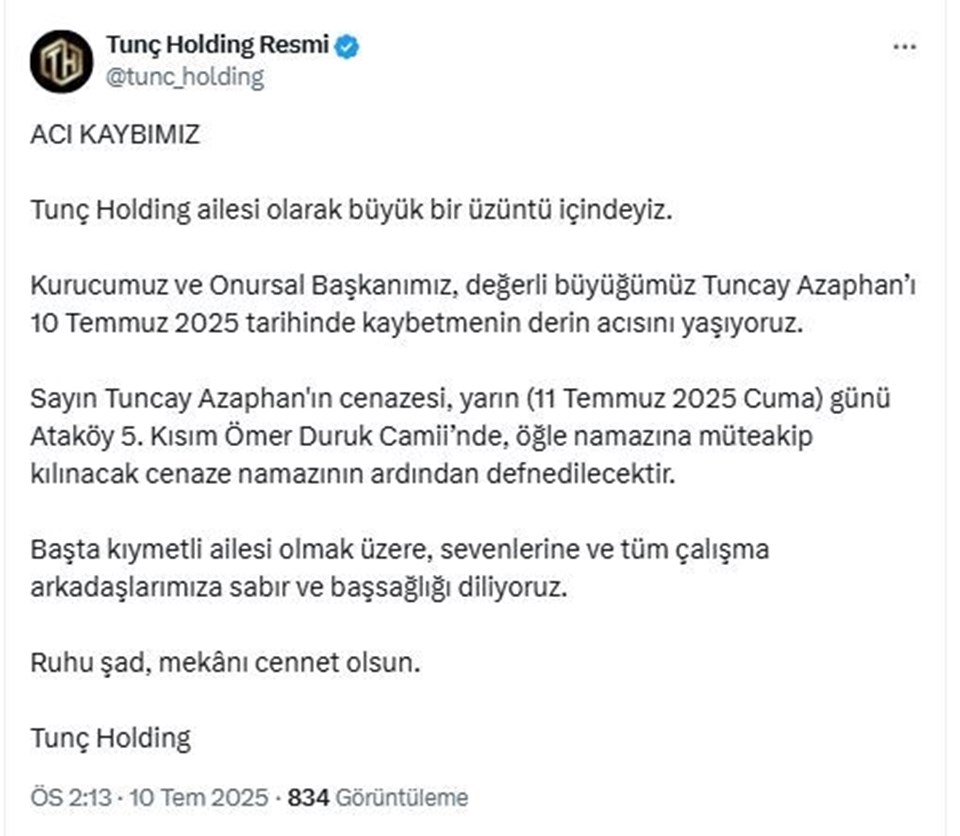 Dinçer Azaphan's father, Tunçay Azaphan, the founder of Tunç Holding, passed away - 1