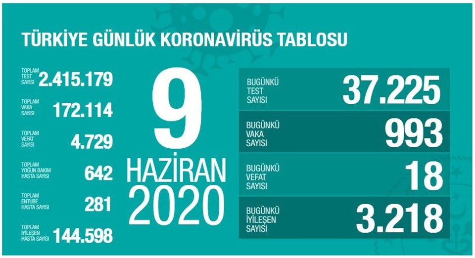 9 Haziran 2020 Corona virüs tablosu: Türkiye'de son 24 saatte 18 can kaybı - 1