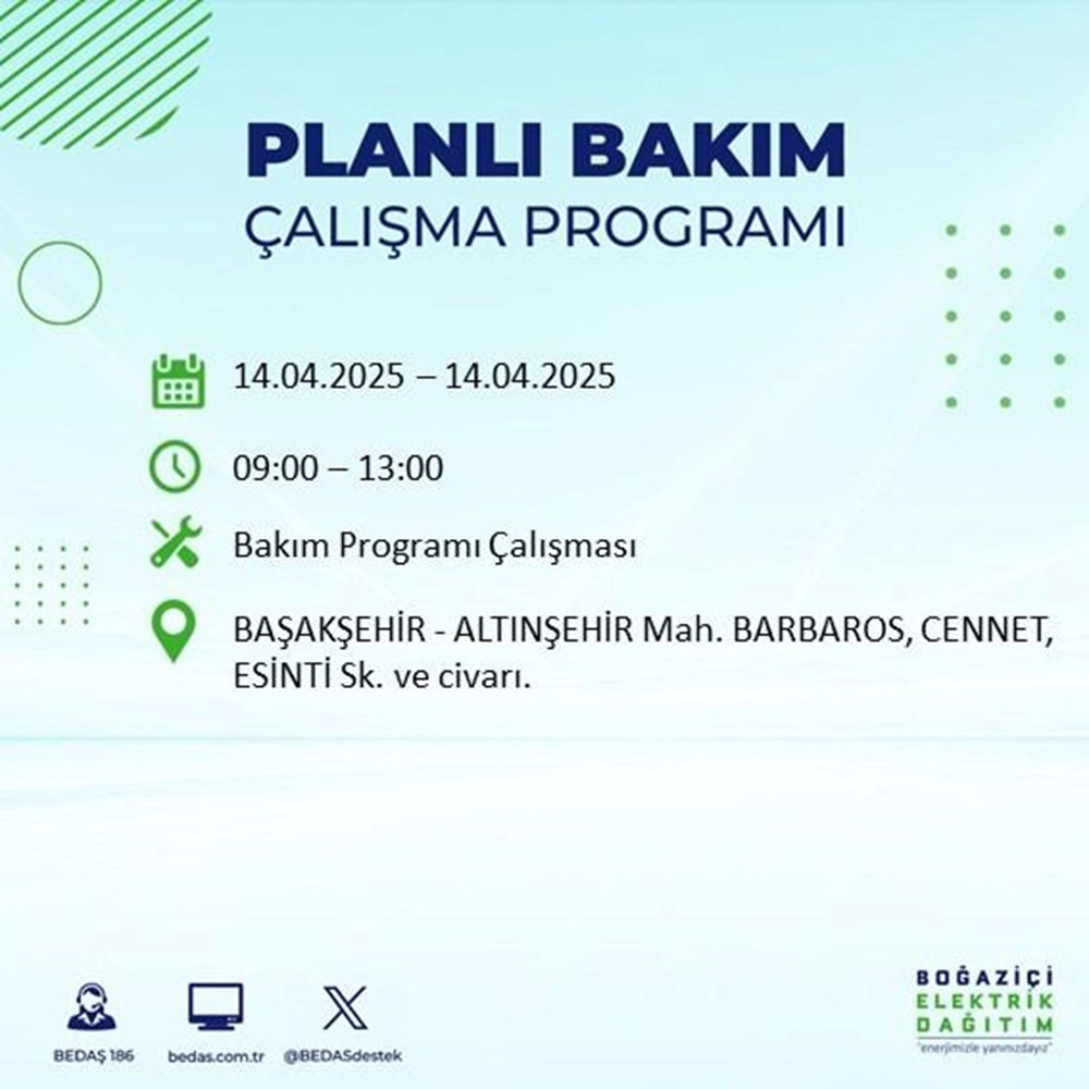İstanbul'un 23 ilçesinde elektrik kesintisi: Elektrikler ne vakit gelecek? 9 saat sürecek (14 Nisan BEDAŞ kesinti programı) 99
