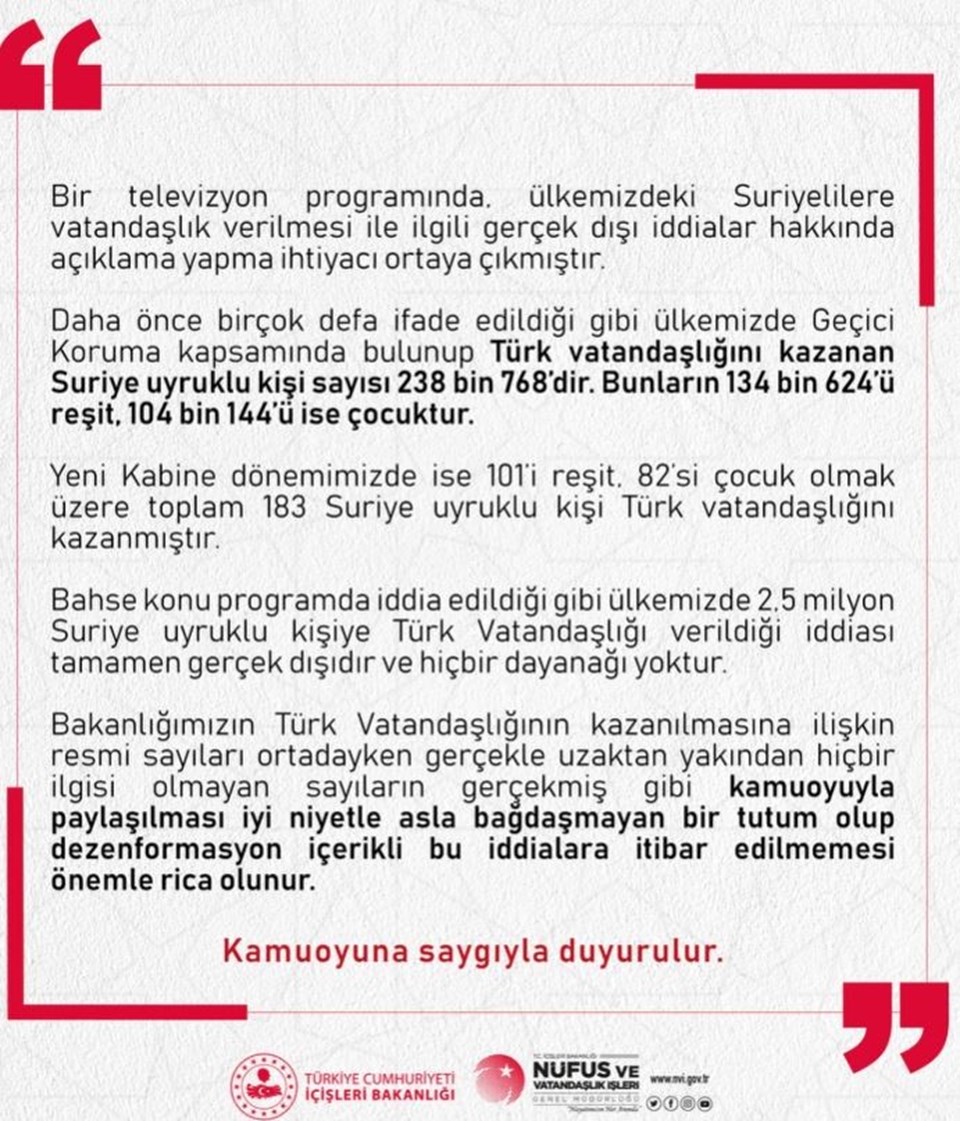 Nüfus ve Vatandaşlık İşleri Genel Müdürlüğü'nden Türkiye'deki Suriye nüfusuna ilişkin açıklama: 2,5 milyon kişiye vatandaşlık verildi mi? - 1