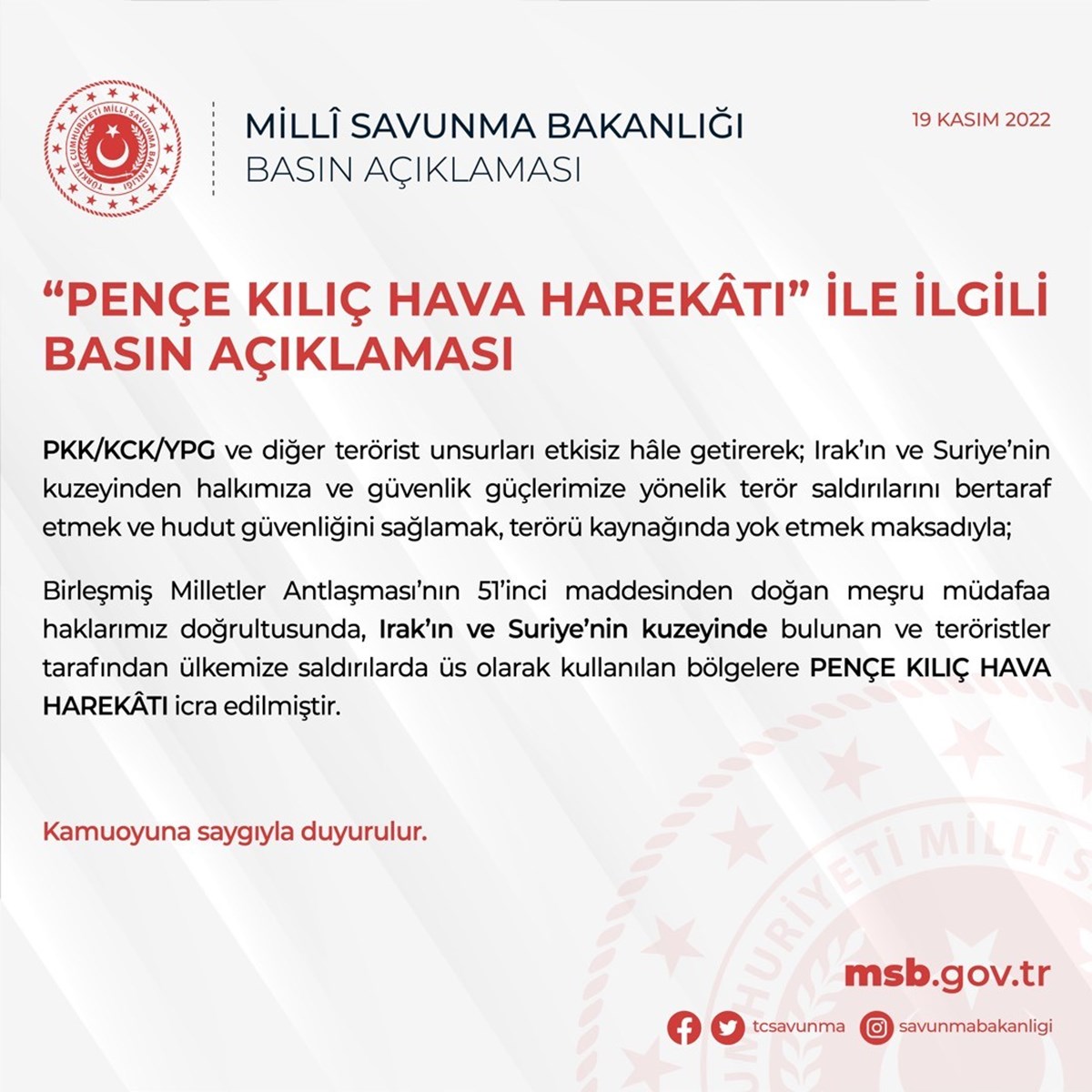 Milli Savunma Bakanlığı (MSB), Pençe-Kılıç Hava Harekatı Milli Savunma Bakanlığı (MSB), Pençe-Kılıç Hava Harekatı