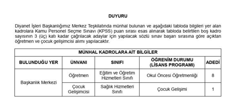 Diyanet İşleri Başkanlığı öğretmen ve çocuk gelişimci alımı başvurusu ne zaman? - 1