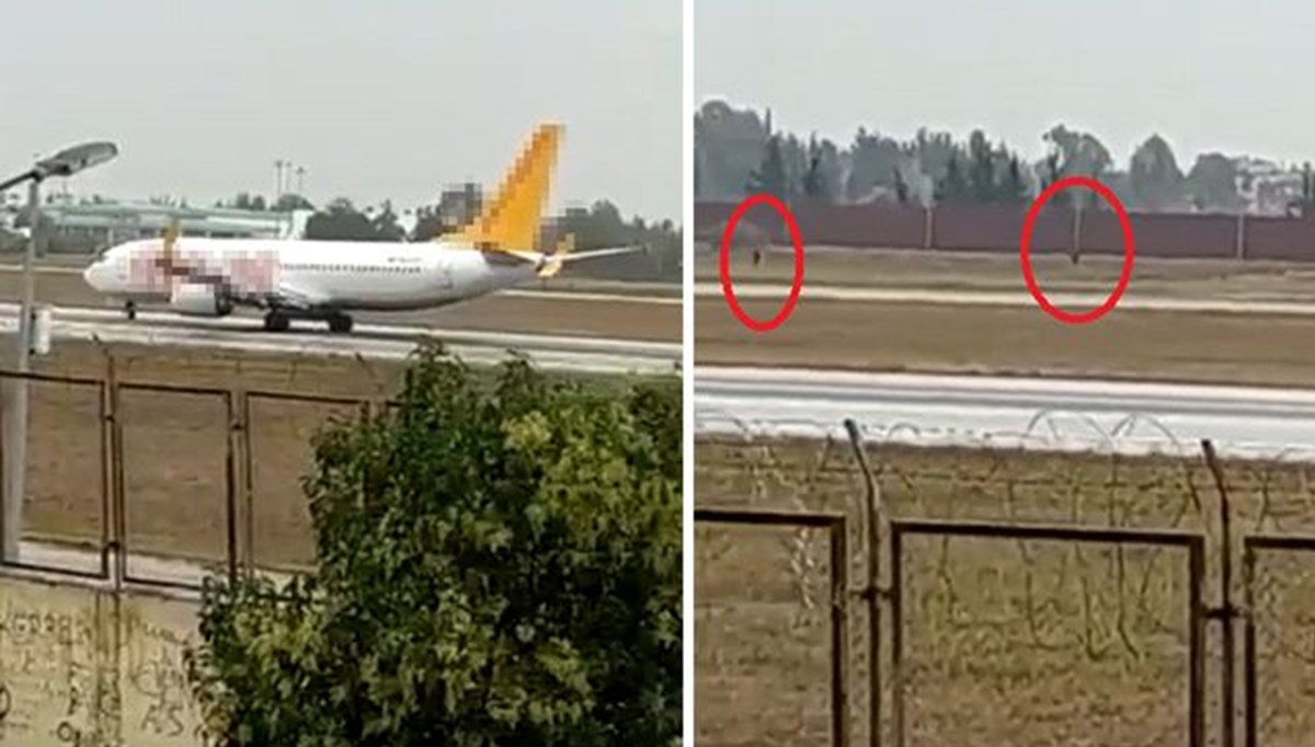 Adana Havalimanı'nda bir grup, piste inen uçağın önüne çıktı