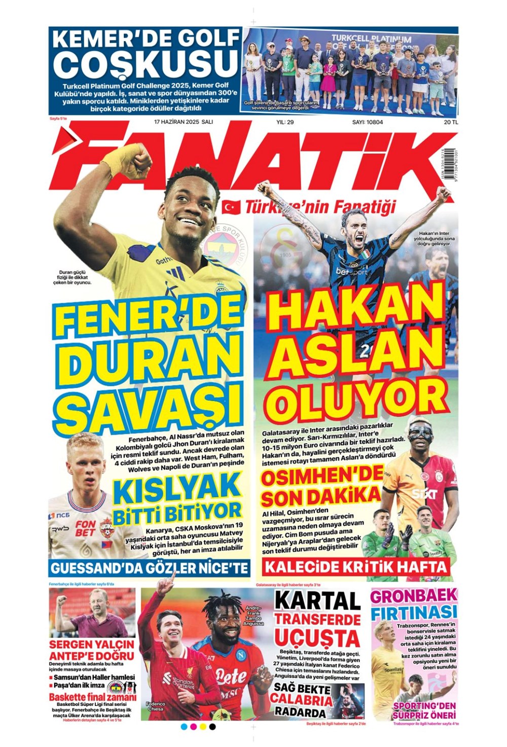 "Çalhanoğlu geri sayımı" (17 Haziran 2025 spor manşetleri) - 1