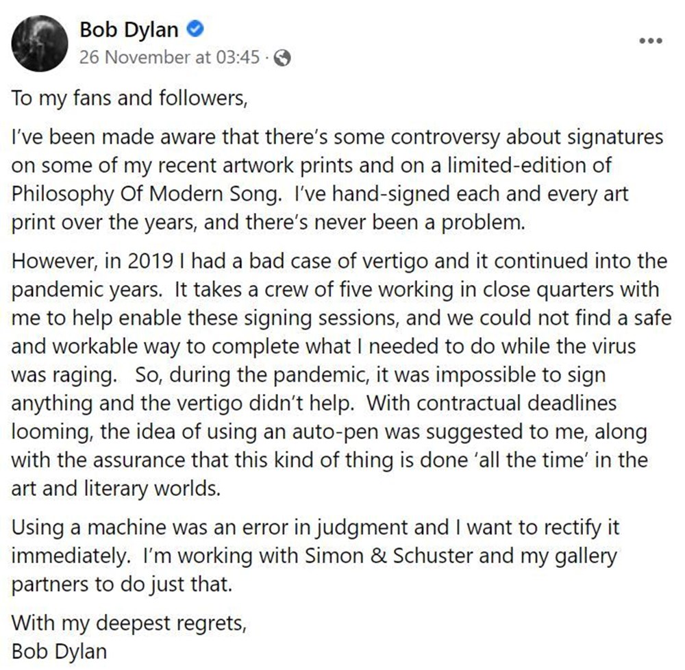 Bob Dylan kitaplarını otomatik kalemle imzaladığı için özür diledi - 3