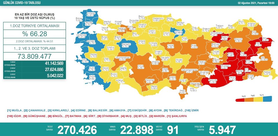 2 Ağustos 2021 corona virüs tablosu: 91 can kaybı, 22 bin 898 yeni vaka - 1