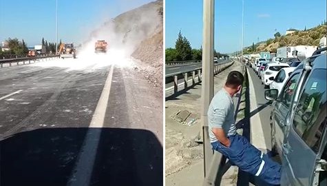 TEM Otoyolu'nda mıcır yüklü TIR devrildi: Trafik kilitlendi