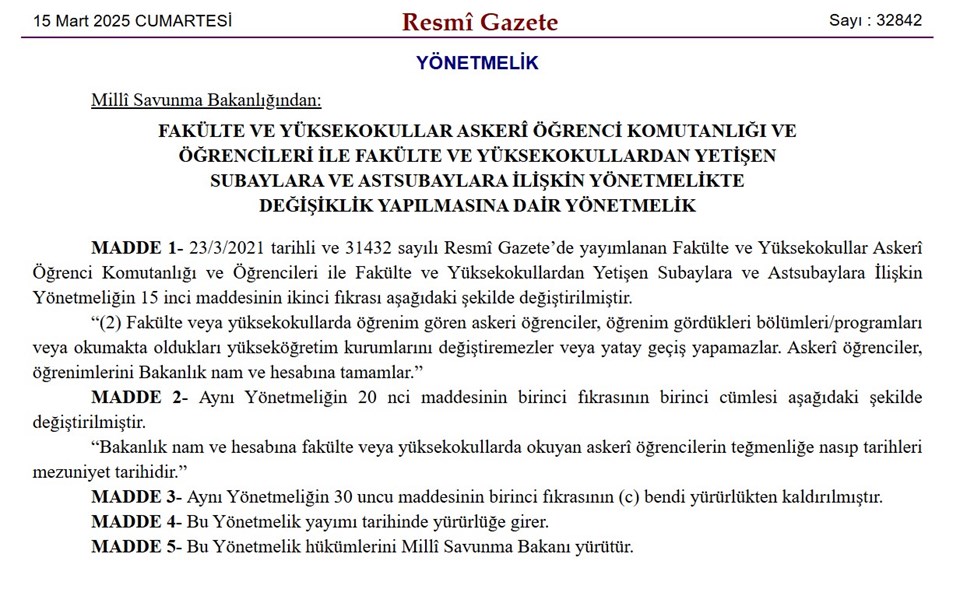 Askeri öğrencilerin yatay geçişine yasak: Resmi Gazete'de yayımlandı - 1