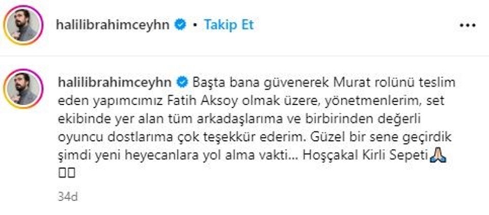 Halil İbrahim Ceyhan, Instagram hesabından yaptığı paylaşımda Kirli Sepeti dizisinden ayrıldığını açıkladı - 1