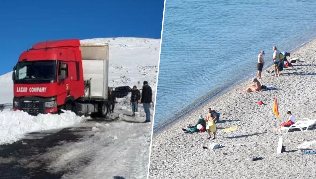 İki fotoğraf da bugün çekildi: Bir yanda kar ve tipi, diğer yanda deniz ve güneş keyfi İki fotoğraf da bugün çekildi: Bir yanda kar ve tipi, diğer yanda deniz ve güneş keyfi