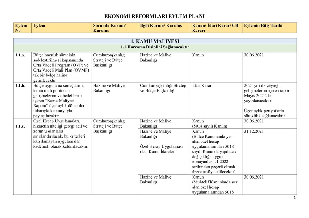 Ekonomik reform paketiyle açıklanan eylemlerin uygulanma takvimi belli oldu - 1