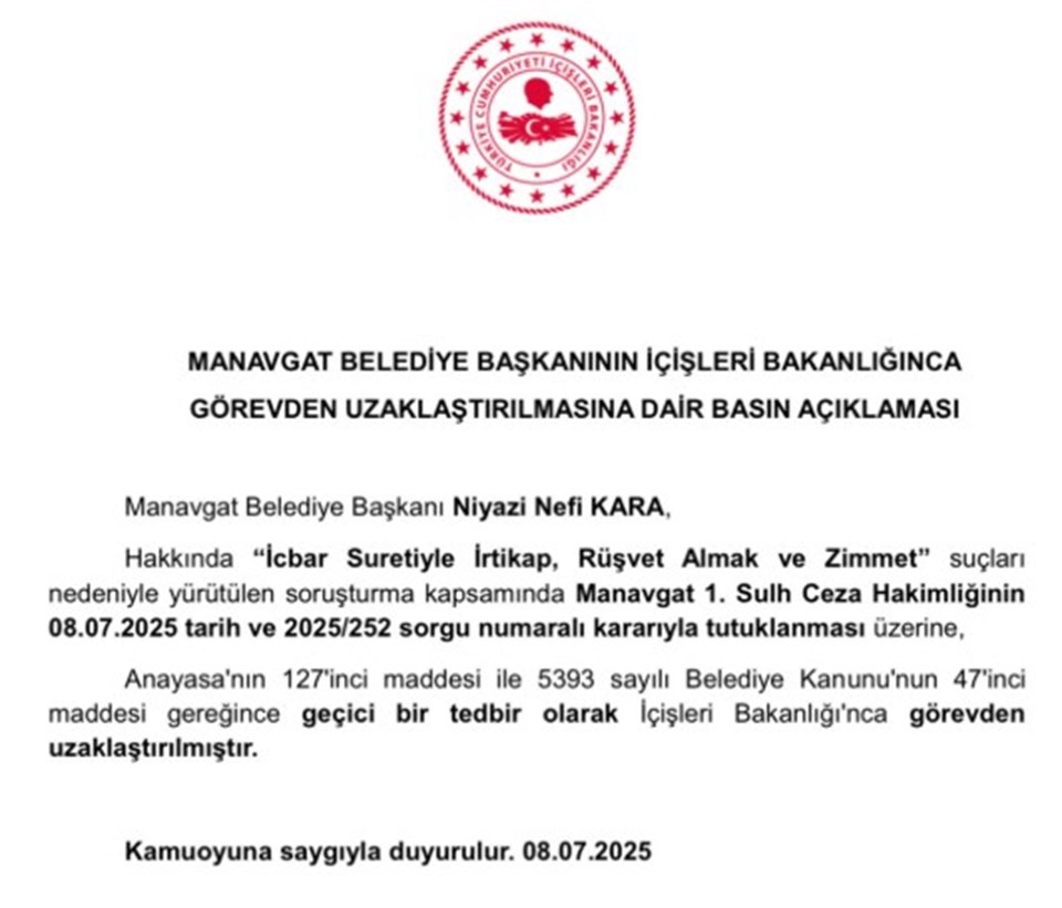 Tutuklanan Manavgat Belediye Başkanı Niyazi Nefi Kara, görevden uzaklaştırıldı - 1