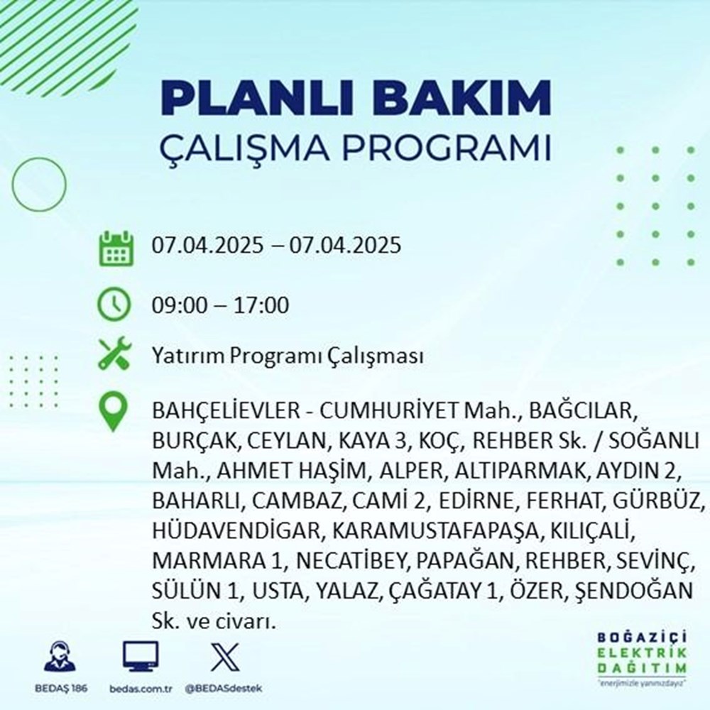 İstanbul'un 21 ilçesinde elektrik kesintisi: Elektrikler ne vakit gelecek? 9 saat sürecek (7 Nisan BEDAŞ kesinti programı) 82