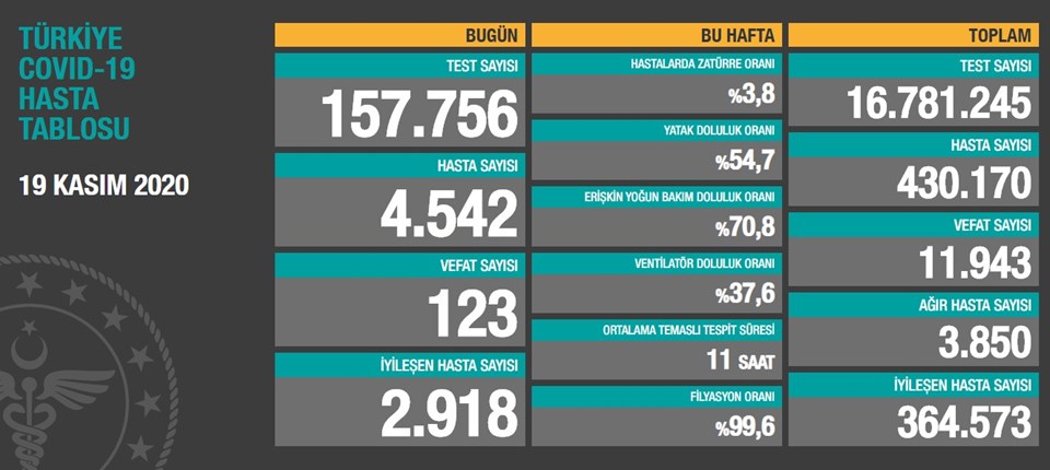 19 Kasım 2020 corona virüs tablosu: 123 can kaybı, 4 bin 542 yeni hasta - 1