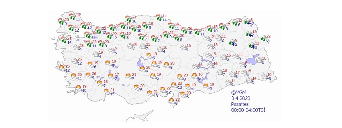 Meteoroloji Genel Müdürlüğünün internet sitesinde yer alan 3 Nisan Pazartesi hava durumu tahmini.