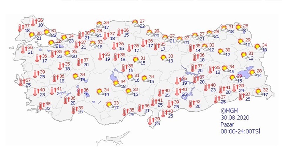 Pazar günü beklenen sıcaklık dağılımları