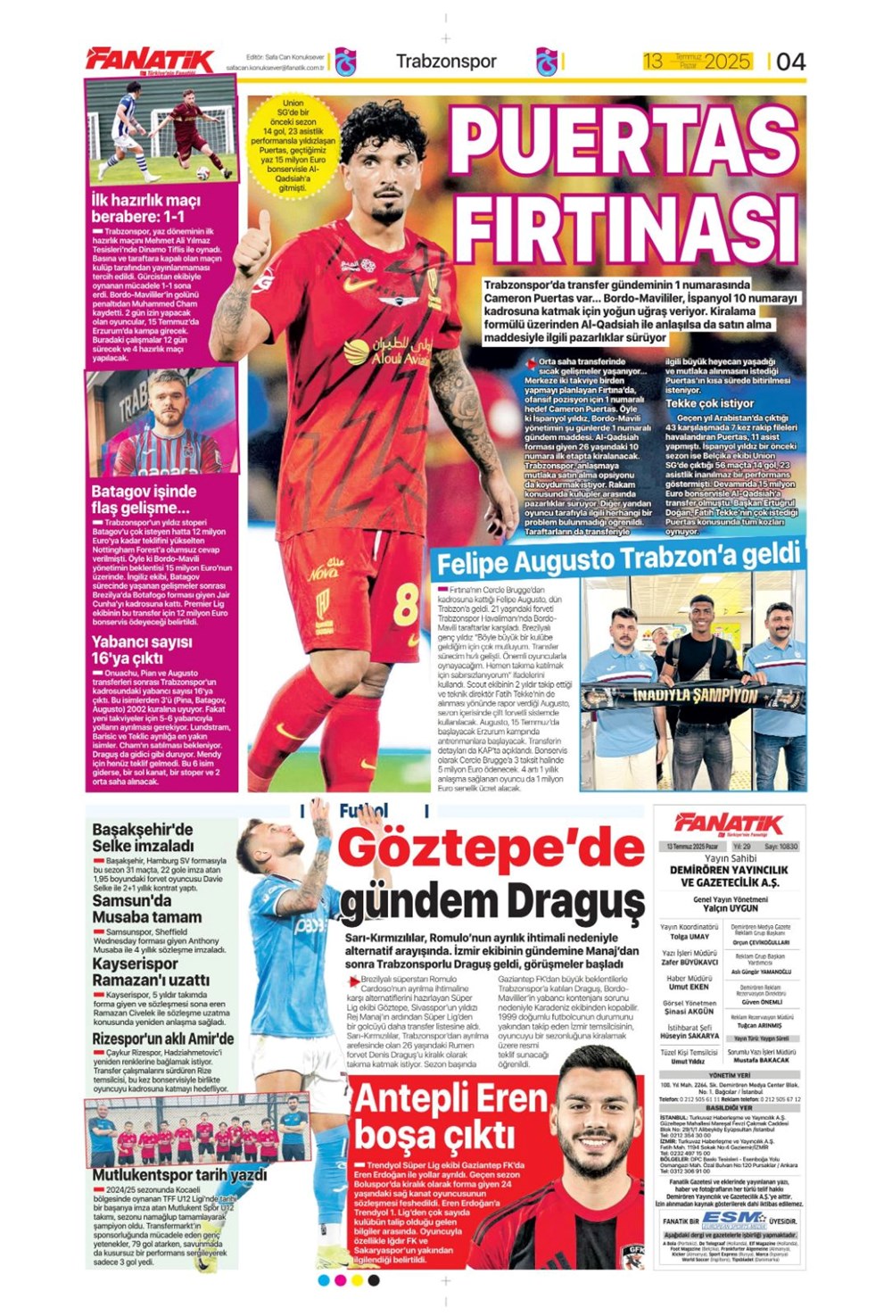 "Transfer şov" (13 Temmuz 2025 spor manşetleri) - 4