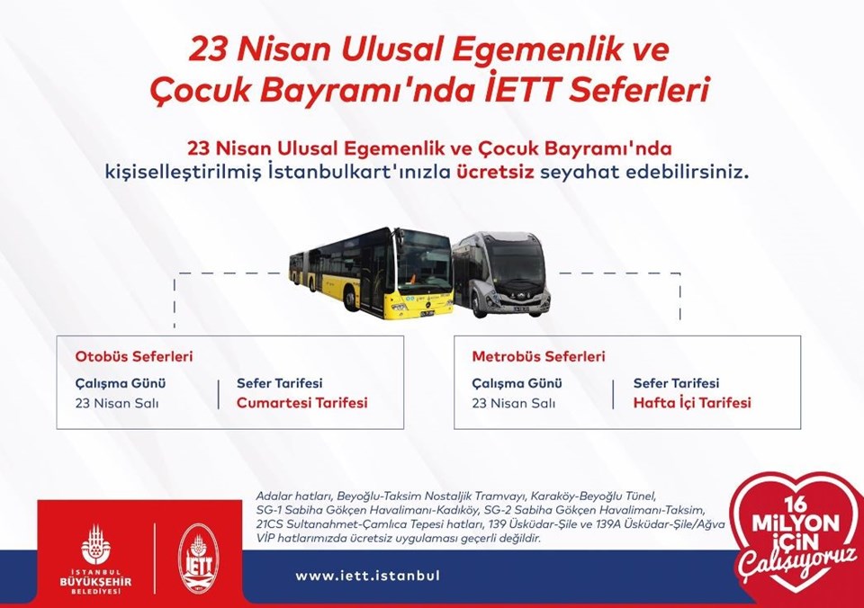 Yarın (23 Nisan Salı günü) toplu taşıma ücretsiz mi? İstanbul, Ankara ve İzmir için toplu taşıma kararı - 1