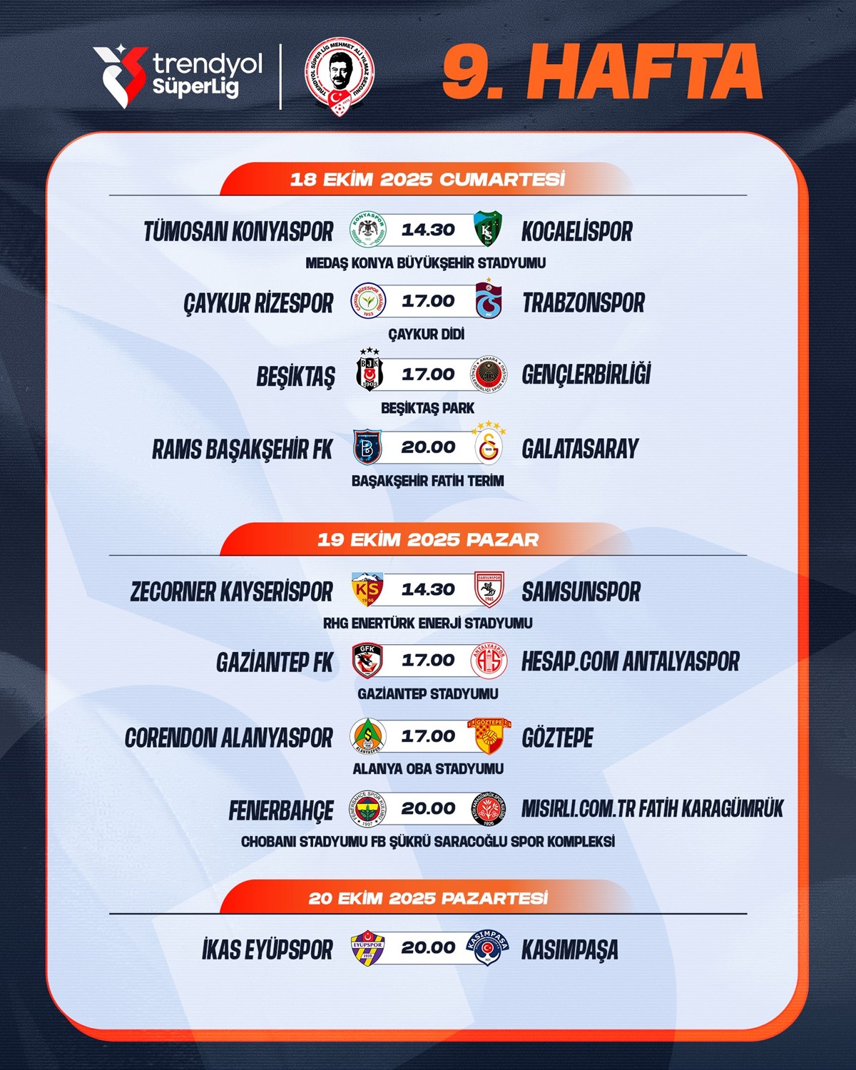 Süper Lig 9. hafta programı
