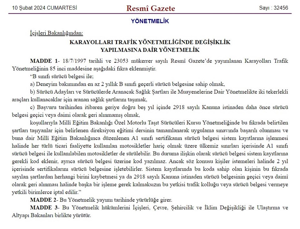 B sınıfı ehliyetle 125 cc motosiklet kullanılabilecek: Karar Resmi Gazete'de - 1