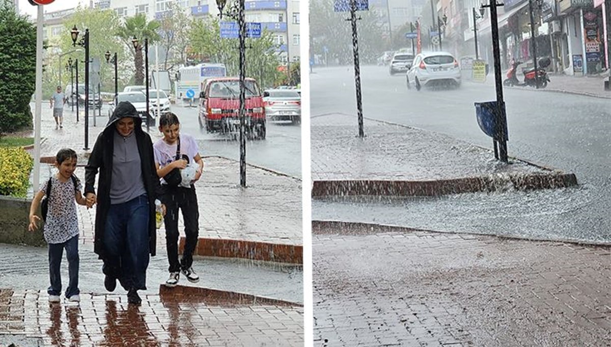 Yağmur aniden bastırdı! Cadde ve sokaklar göle döndü