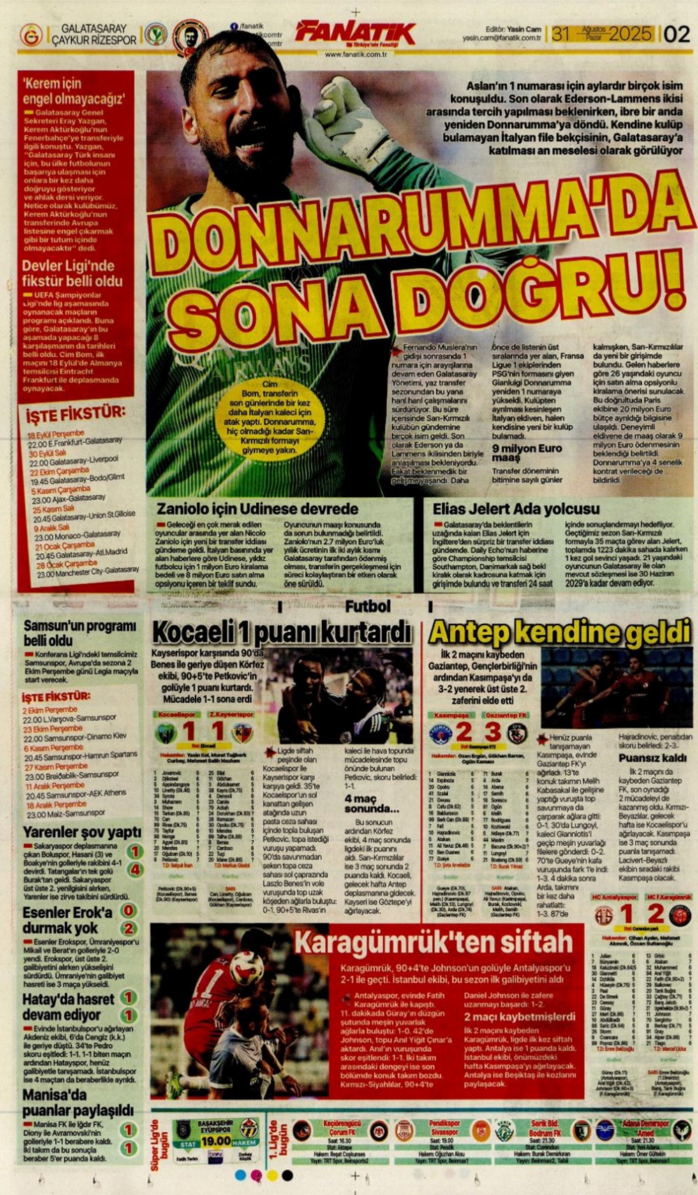 "Ya Kartal ya Schmidt" (31 Ağustos spor manşetleri) - 2
