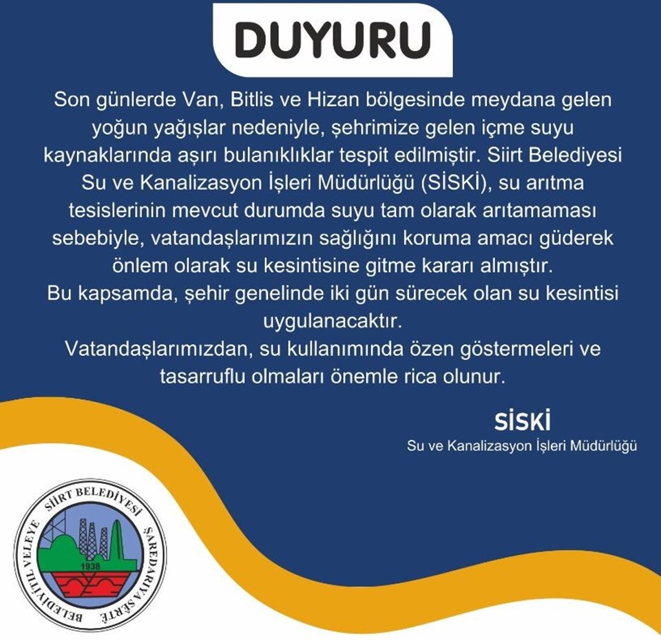 Siirt Belediyesi duyurdu: Şehir genelinde iki gün su kesintisi yaşanacak! Siirt'te sular ne zaman gelecek? - 1